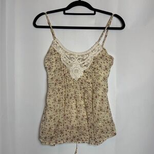 Y2K Floral Cami Sheer Lined Tank Top‎ Ivory Lace Trim Sleeveless Boho Coquette